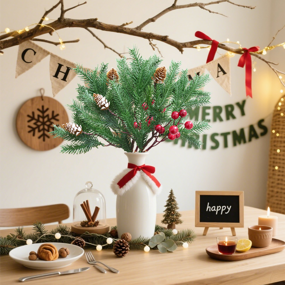 7 Artificial Pine Branch Red Berry